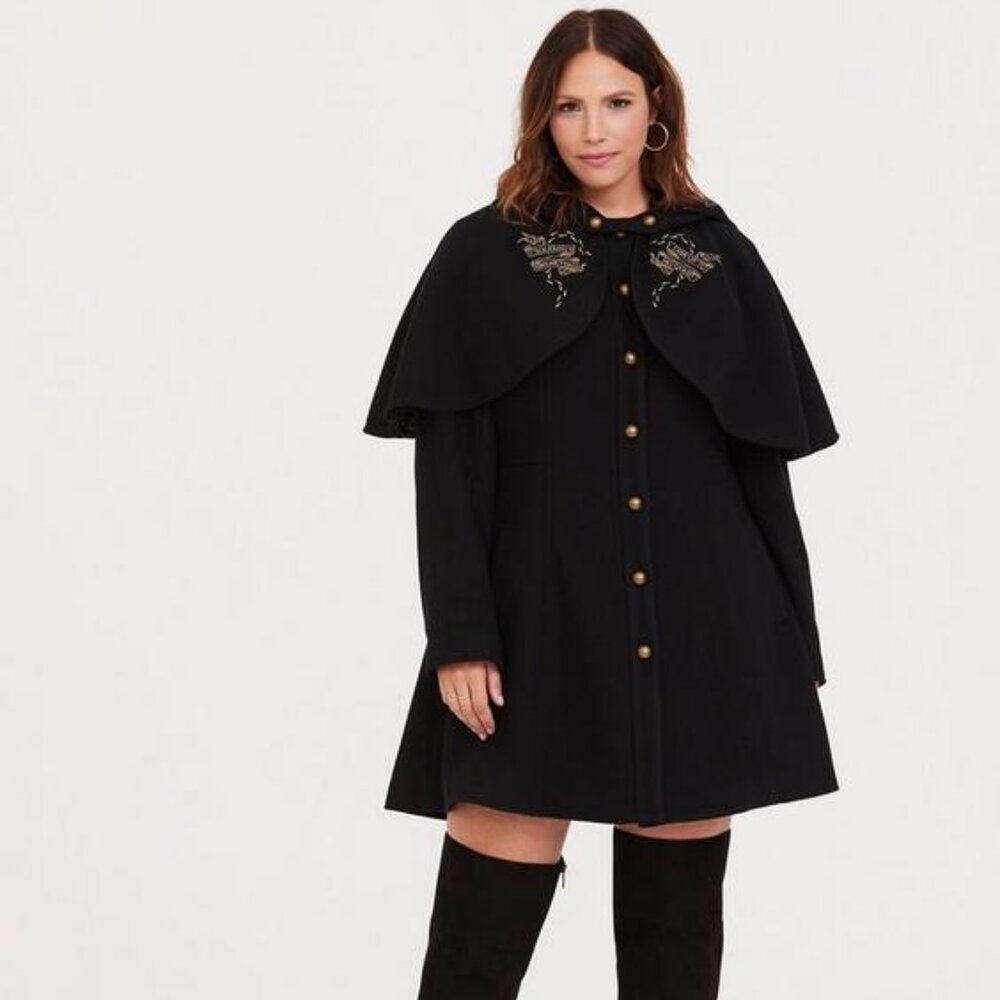 Torrid Harry Potter Black & Gold Embroidered Capelet Coat, Size 1 (XL) - Picture 2 of 16